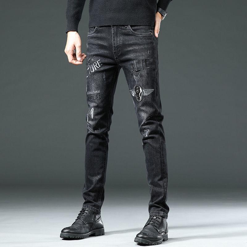 Black Jeans Men's Autumn High-end Trend Embroidery Printing Slim Spring and Autumn Models Small Foot Jeans Trousers