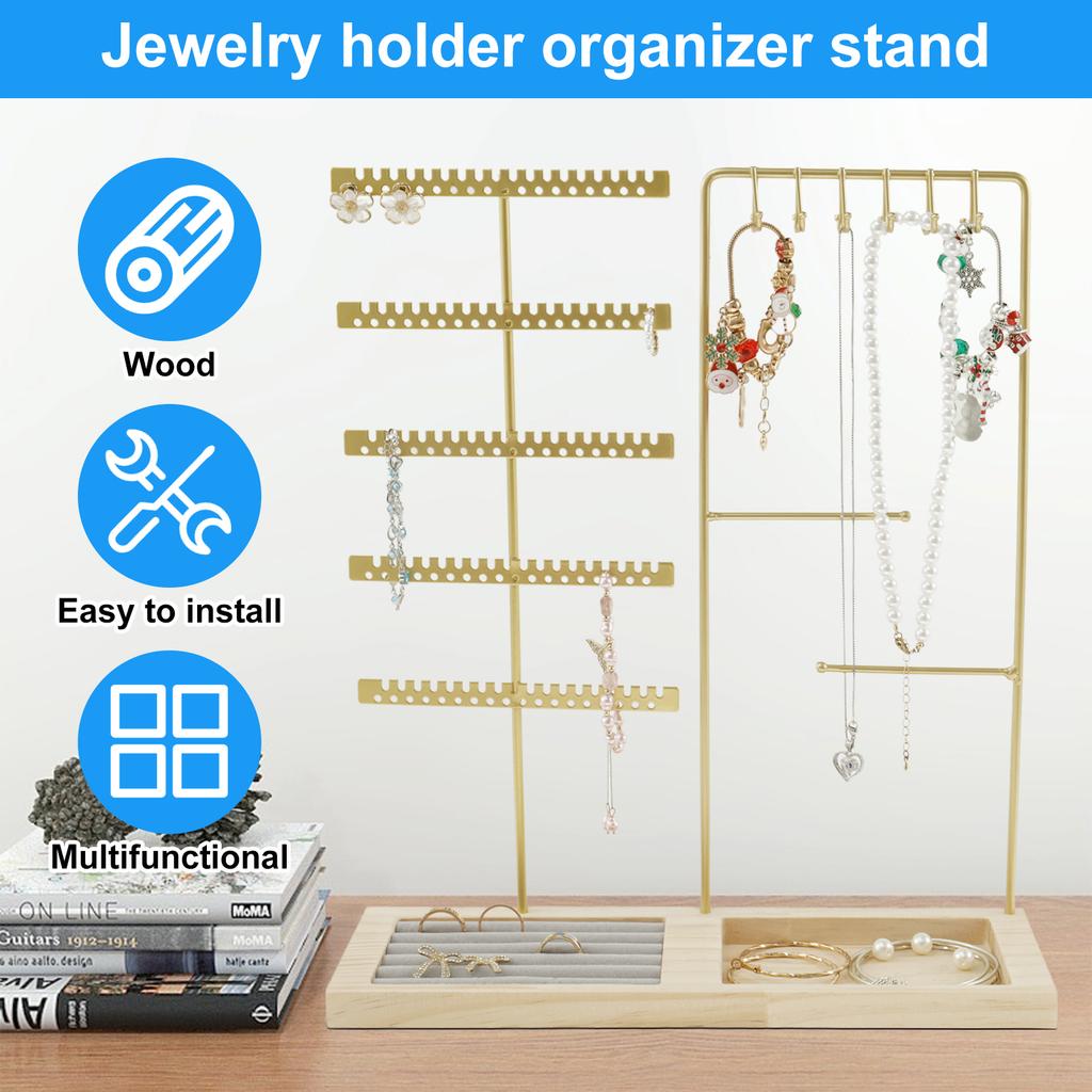 5-Tiers Earring Display Holder Stand Metal Necklace Bracelet Anklet Stud Earring Jewelry Storage Organizer Wooden Base Stand