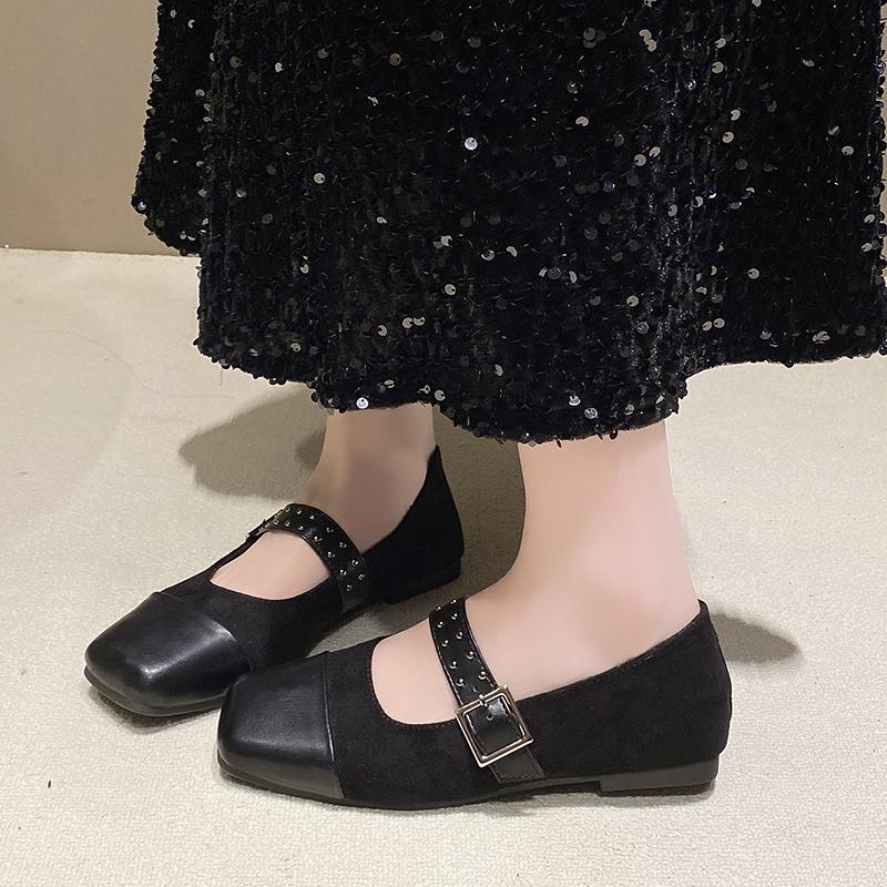 Spring New Flat Shoes Women's Square Head Splicing Suede Shallow Mouth Rivets with Soft Sole Non-slip Single Shoes
