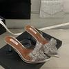 High-heeled Cool Slippers Summer New Fashion Rhinestone Bow Stiletto High-heeled Celebrity Transparent High Heels