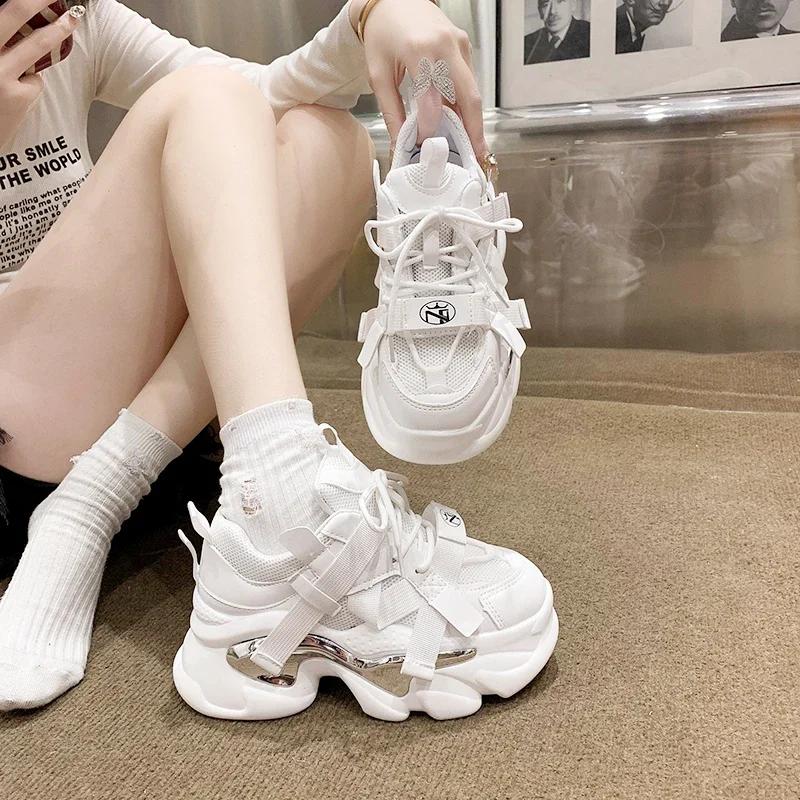 Fashion Brand 2024 Breathable Mesh Sneakers Sport Shoes Woman Wedge Casual Chunky Shoes High Platform Shoes 7CM