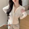 Women's Slimming Double Zipper Knitted Jacket with Stand Collar - Versatile Long Sleeve Cardigan for Spring and Autumn.