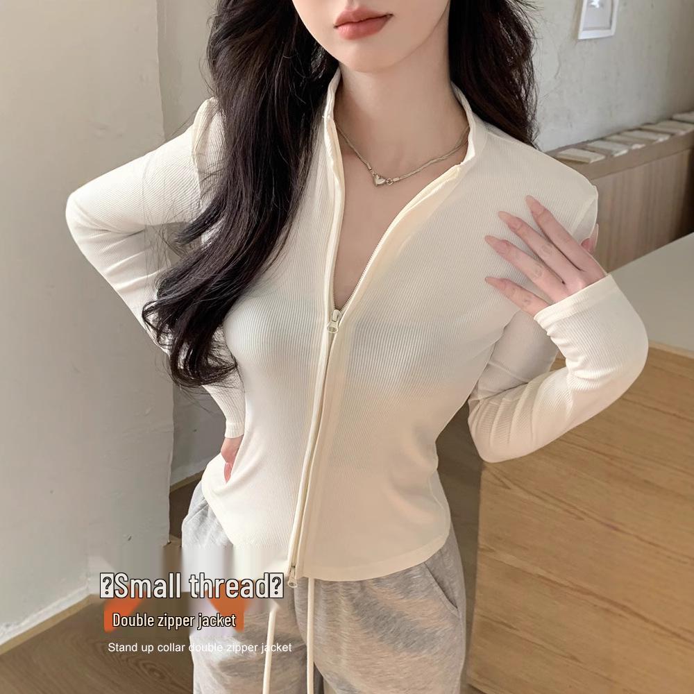 Women's Slimming Double Zipper Knitted Jacket with Stand Collar - Versatile Long Sleeve Cardigan for Spring and Autumn.