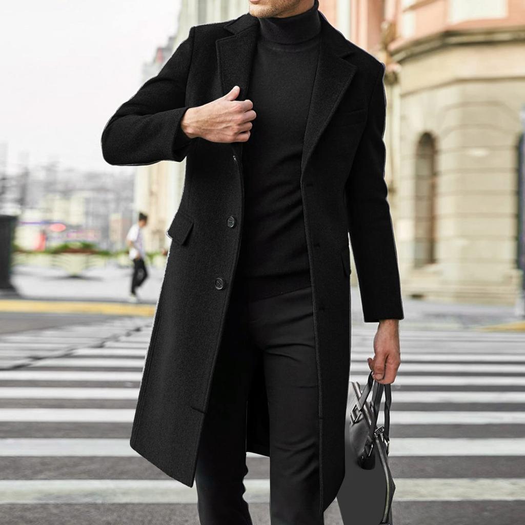 Mens Single Breasted Trench Coat Winter Wool Blend Oversized Warm Lapel Work Business Jacket Outerwear