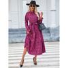 Spring and Summer Women's Casual Printed Stand-collar Ruffled Long-sleeved Lace-up Waist Dress