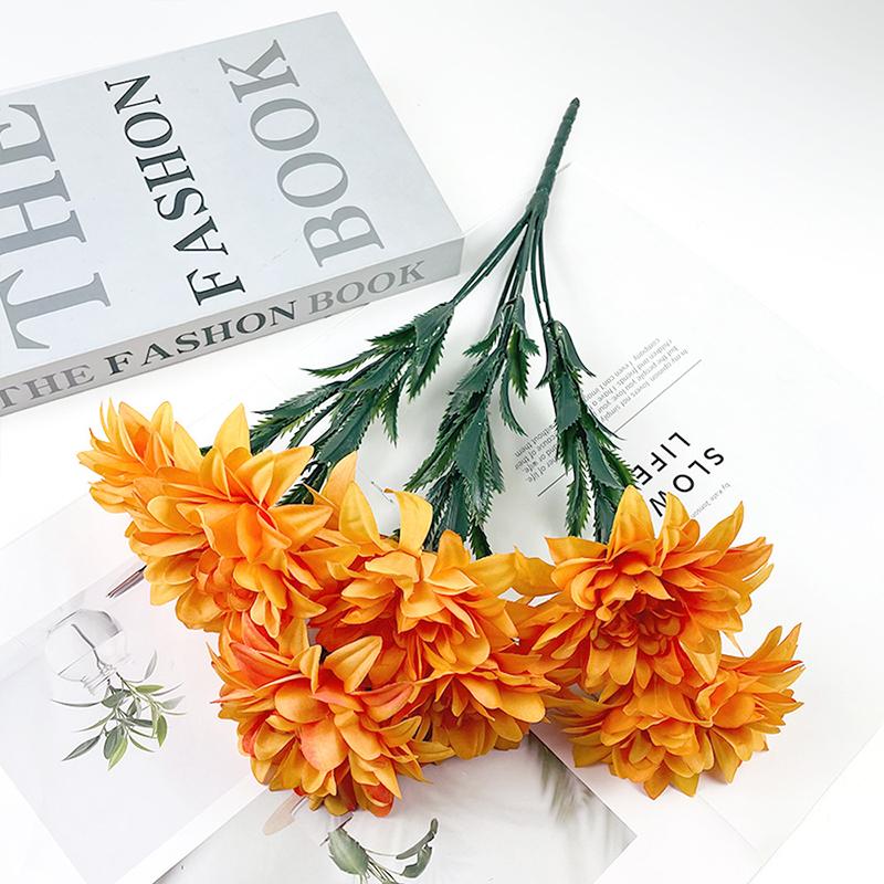 7 Heads Artificial Dahlia Flowers Bouquet Fake Silk Wedding Centerpiece for Table Decor Home Office Party Decoration Faux Flower