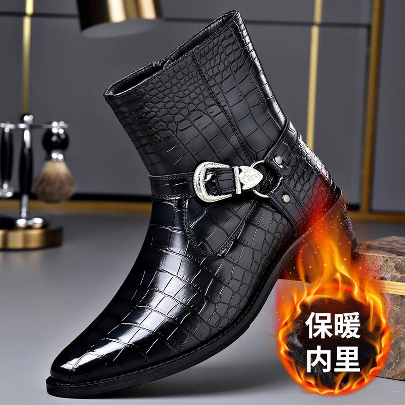 Fashion Big Size Buckle Designer Leather Chelsea Boots Men Fashion Casual Black Autumn Witner Dress Shoes Man Stone Pattern Ankle Boots