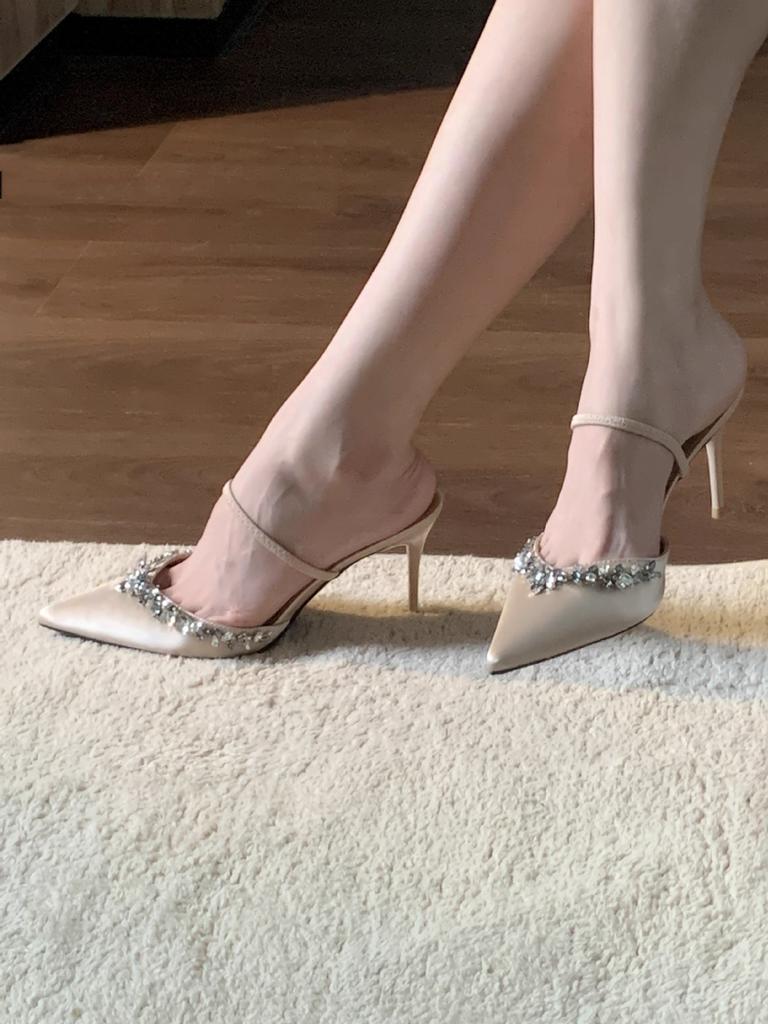 Popular Beautiful Bag Head Cool Slippers Women's 2025 Spring and Summer New Apricot Pointed Head Thin Heel Sexy Word with High Heels