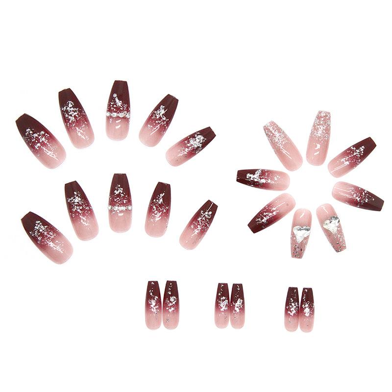 24 Pieces Burgundy Smudge Flash Love Wearing Nail Long Nail Art Film Transparent Spice Girl Ins Wind Fake Nails