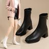 Foreign Trade Autumn and Winter New Square Head Thick Heel Short Boots Rear Zipper Versatile British Style Martin Boots Women's Thin High Heel Leather