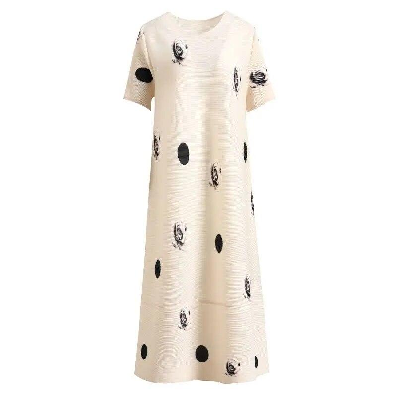New Pleated Printed Loose Short Sleeved Mid Length Skirt, Summer Thin Style, Fashionable, Simple Dress