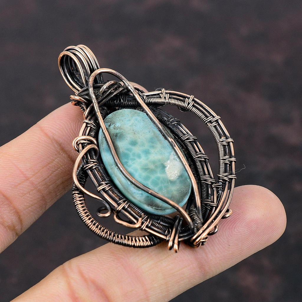 Larimar Pendant Copper Wire Wrapped Pendant Natural Gemstone Pendant Copper Jewelry Handmade Pendant Wire Wrap Larimar Jewelry Gift For Him