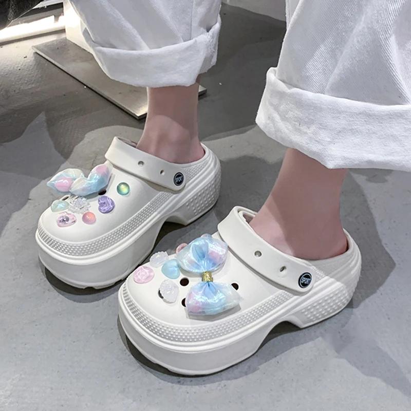 Fashion Colorful Bowknot Chunky Platform Garden Shoes Women Hollow Out Thick Bottom Clogs Sandals Woman Non Slip Summer Beach Slippers