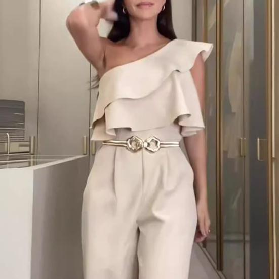 Women Summer Jumpsuit Ruffle Sleeveless High Waist Wide Leg One Shoulder Slant Neck Solid Color OL Commute Style Slim Fit Long Jumpsuit