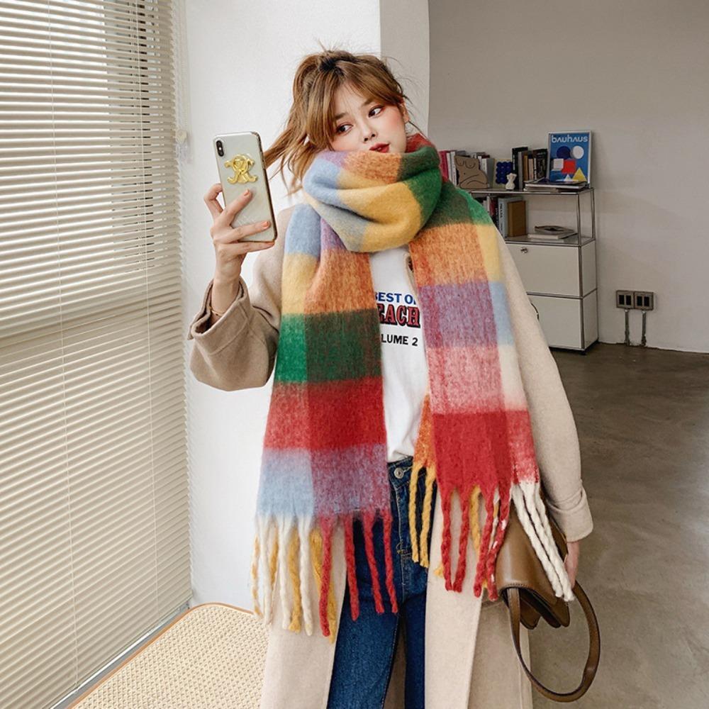 Versatile Four Color Cashmere Scarf Long Tassel Rainbow Winter Plaid Shawl Gradient Tie Dye Scarf