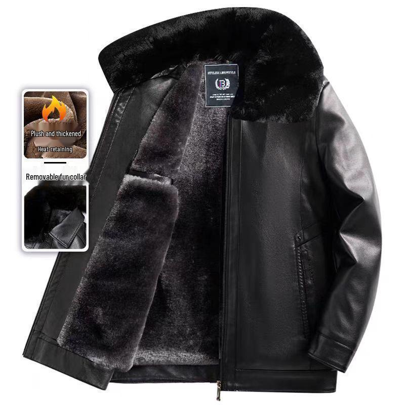 Men's Middle-Aged & Elderly Leather Jacket - Autumn/Winter, Warm, Thick, Windproof, Cycling Outerwear.
