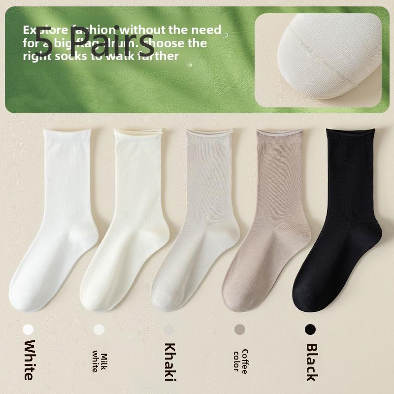 5 Pairs of Women's Spring and Summer Solid Color Breathable Sweat Absorption Deodorant Boneless Socks