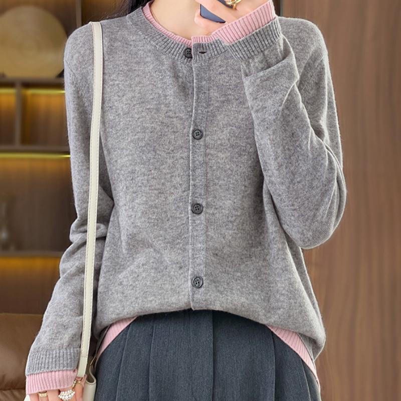IHUASU Patchwork Wool Knitted Cardigan Women's Spring and Autumn Simple Versatile Bottoming Shirt Jumper Coat