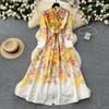 Spring Autumn Women Vintage Print Lace-up Collar Single Breasted Long Maxi Holiday Party Dresses with Belt