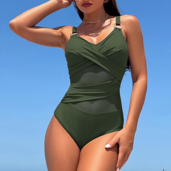 Women Monokini Deep V-Neck Sleeveless Slim Fit One-piece Bikini Solid Color Mesh Splicing