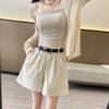 Women Summer Solid Color High-Waisted Wide-Leg Casual Shorts Pants