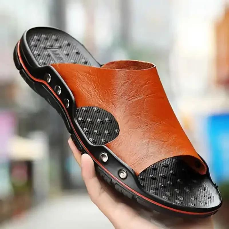 Fashion Summer High-quality Leather Slippers  New Men's Sandals  Soft Outdoor Slippers  Comfortable Beach Sandals Outdoor Men's Shoes