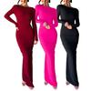 Women Long Bodycon Dress Solid Color Deep V-Neck Ruched Long Sleeve Dress Spring Fall Evening Party Dress