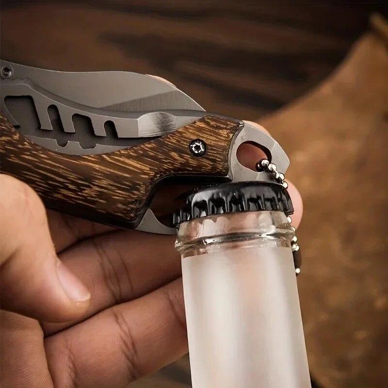 Stainless Steel Mini Folding Knife Portable Outdoor Knife Bottle Opener Multifunctional Knife Outdoor Survival Knife Wooden Handle Pocket Knife