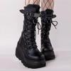Fashion Women's Boots Cosplay Mid-calf Boots Rivet Buckle Female Wedges Shoes Fashion New Punk Chunky Shoes Designer Gothic Women Shoes