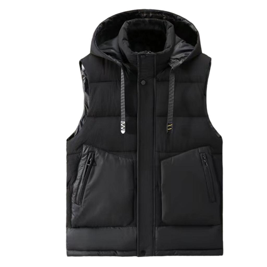 Men's Winter Trend Wear Loose Thick Down Cotton Clip Multi-pocket Solid Color Casual Hooded Vest Coat