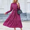 Spring and Summer Women's Casual Printed Stand-collar Ruffled Long-sleeved Lace-up Waist Dress