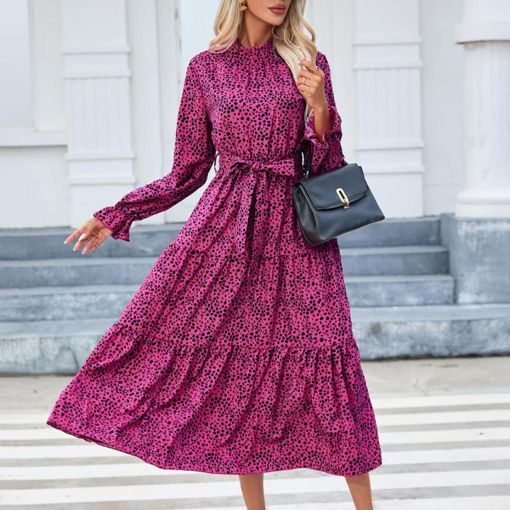 Spring and Summer Women's Casual Printed Stand-collar Ruffled Long-sleeved Lace-up Waist Dress