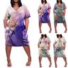 Women's Summer Plus Size V-Neck Short Sleeve Knee Pocket Printed Casual Dress