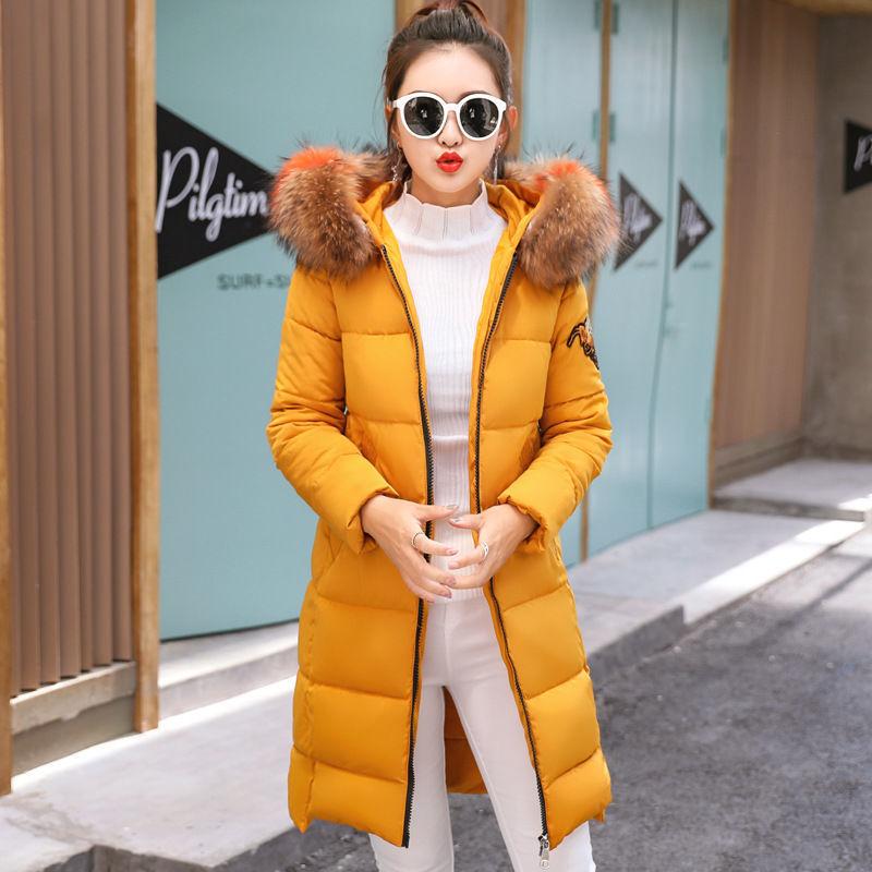 Women Fall Winter Down Cotton Parkas Jacket Coat Long Hooded Fur Collar Full Sleeve Zipper Pocket Thick Solid Color Outwear
