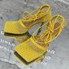 Fashion Sexy Mesh Pumps Sandals Female Square Toe High Heel Lace Up Cross-Tied Stiletto Hollow Dress Shoes