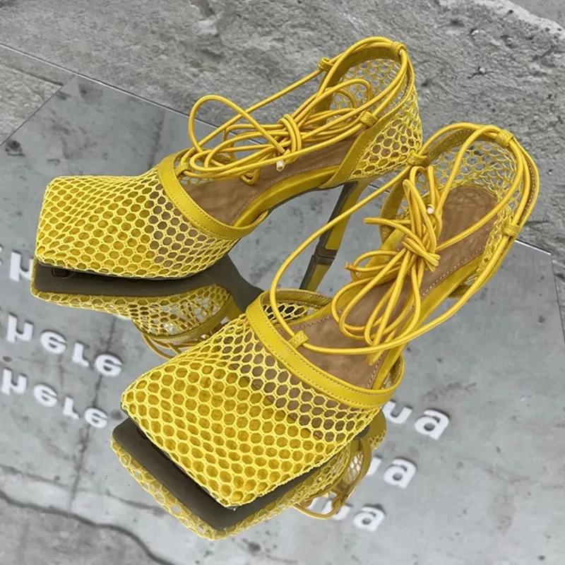 Fashion Sexy Mesh Pumps Sandals Female Square Toe High Heel Lace Up Cross-Tied Stiletto Hollow Dress Shoes