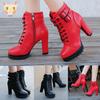 Farewell Women High Heel Leather Boots Lace-Up Round Toe Shoes Lace-Up Solid Color Round Toe Shoes