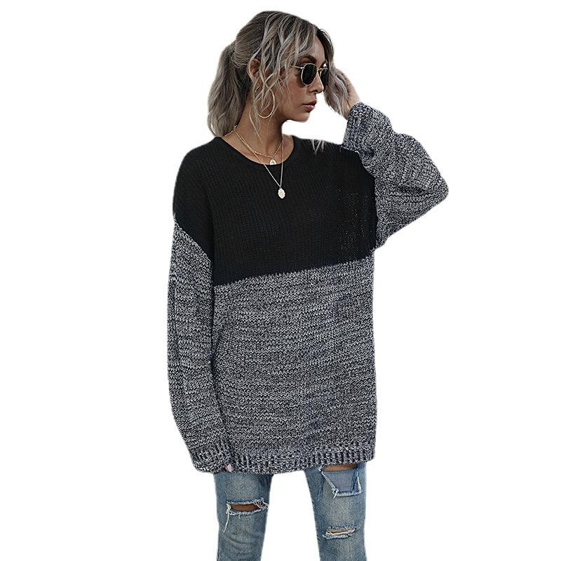 Autumn Women's Sweater Clashing Color Round Neck Inner Long Sleeve Knitted Sweater Medium Long Top