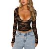 Women Floral Lace Tops Low Cut Sheer Long Sleeve Pullovers Fitted Crop Shirt with Bra Summer Streetwear Clubwear