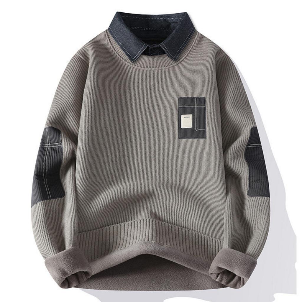 Men's Casual Patchwork Fake Two-piece Knitted Inner Layer Sweater, Men's Fleece Warm Lapel Sweater