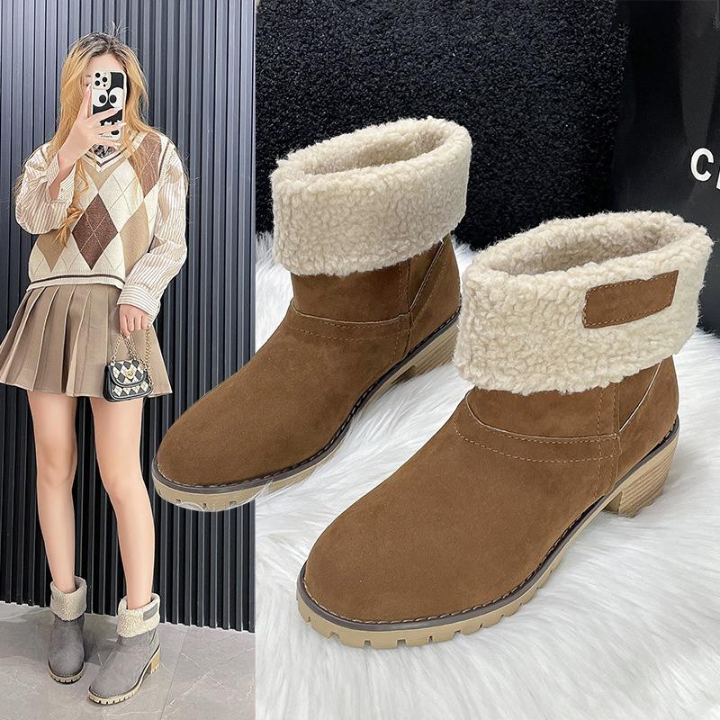 Snow Boots Women's New Round Head Thick Heel Cotton Boots Comfortable Foot Cover Two Wear Large Size Women's Cotton Shoes