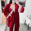 New Autumn Velvet 3PCS Pajamas Set Sleepwear Sexy Lace Trim Bath Robe Nightgown Loose Casual Velour Home Clothes Loungewear