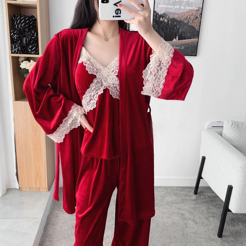 New Autumn Velvet 3PCS Pajamas Set Sleepwear Sexy Lace Trim Bath Robe Nightgown Loose Casual Velour Home Clothes Loungewear