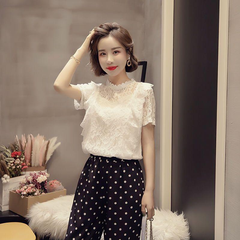 Lace Shirt Women's Summer Korean Version Fairy Style Short Sleeved Hollow Out Small Shirt Temperament Chiffon Top