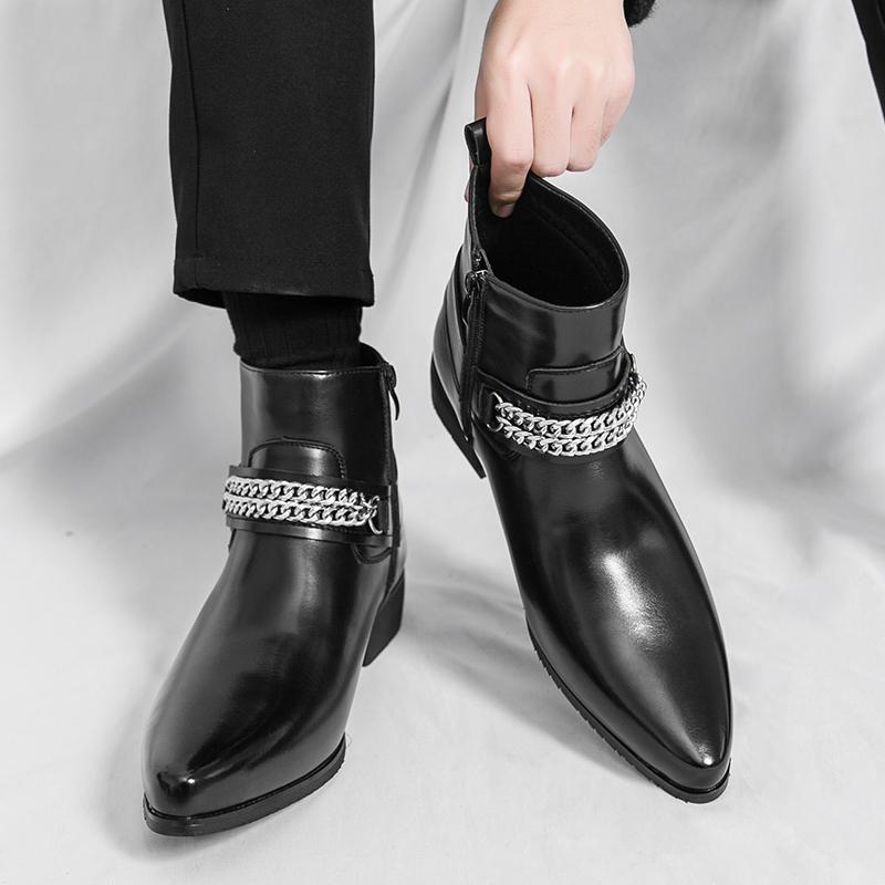 Fashion Autumn Brand Men Metal Cool Breathable Leather Boots British Style Mens Comfortable Pointed Side Zipper Knight Boots Horse Boots