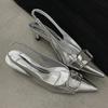 Silver New Pointed Toe Ladies Heels In Shoes Buckle Female Slingbacks Sandals Fashion Metal Women Low Heel Slides Shoes