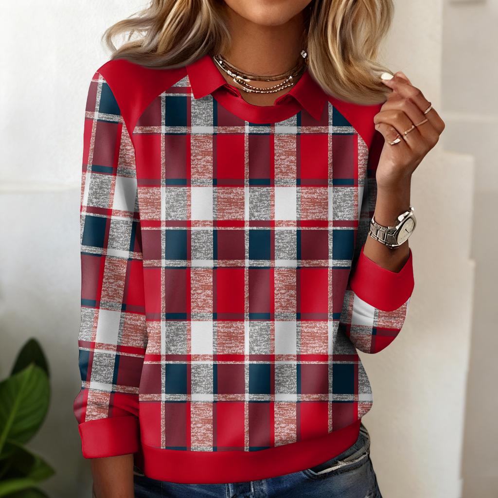 Ladies' Plaid Printed Casual Long Sleeved Sweatshirt Top