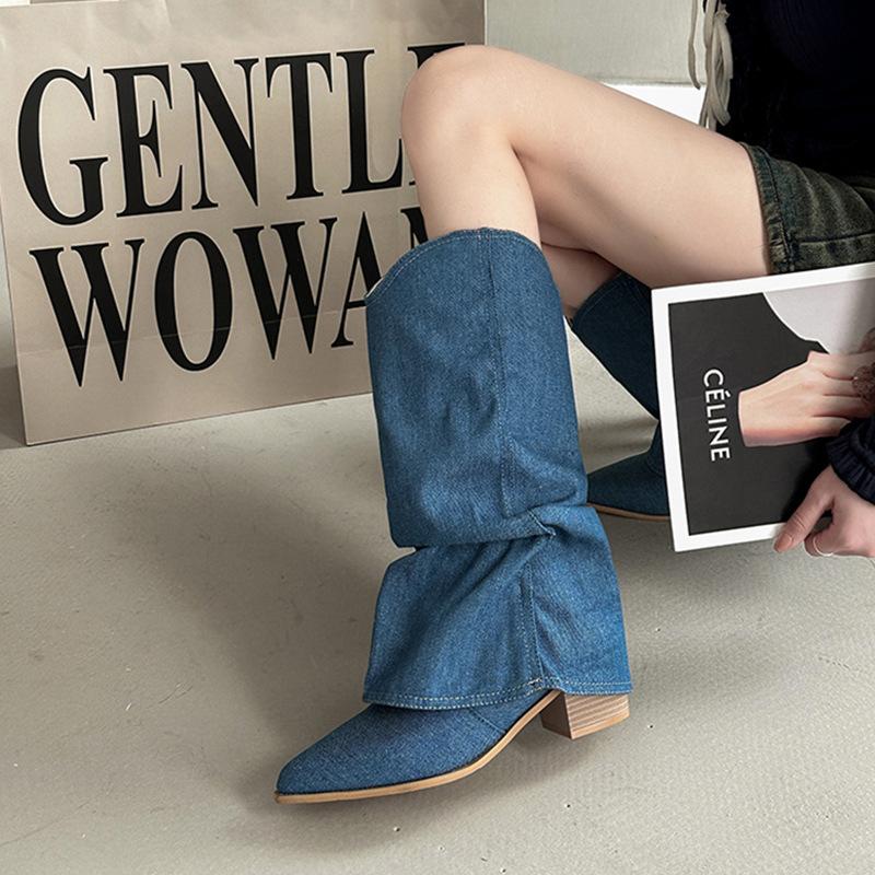 European and American Fashion Temperament Pointed Niche Western Cowboy Boots Women's 2025 New Summer Fringed Pants Tube Boots Thick Heel