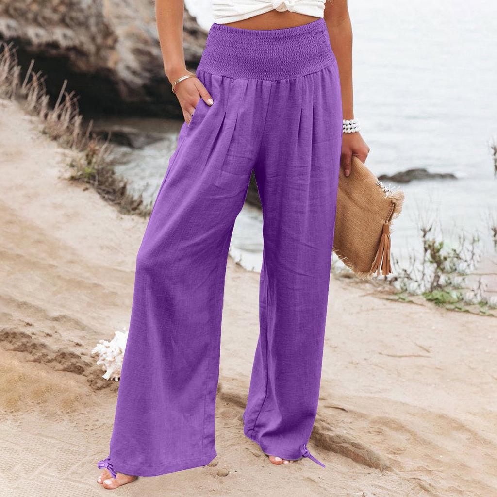 Women's 9-pant Casual Loose High Waist Cotton Linen Wide Leg Long Pants With Pockets