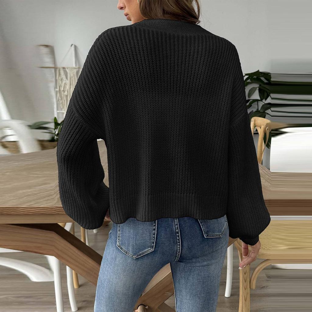 Women's Autumn And Winter New Siold Colour Short Button Jacket Sweater Cardigan